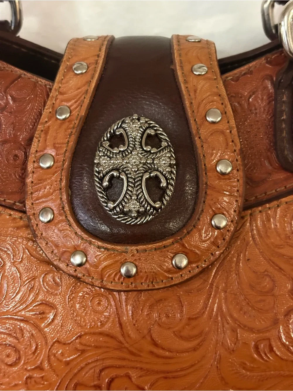 MC Marc Chantal Brown Leather Embossed Floral Purse Shoulder Bag Silver Western